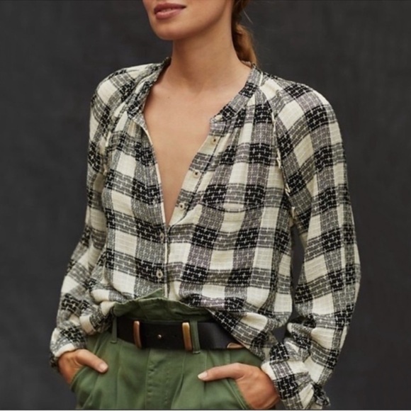 Anthropologie Tops - Anthropologie Pilcro Breezy Wool Blend Plaid Button Down Cream & Black Small